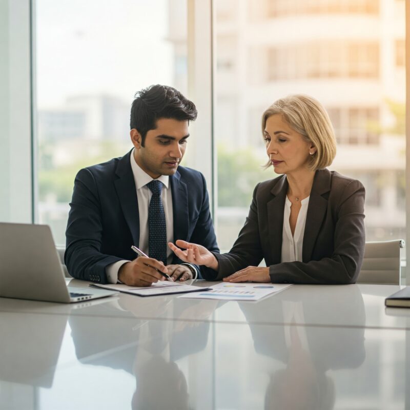 two people discuss business plans together