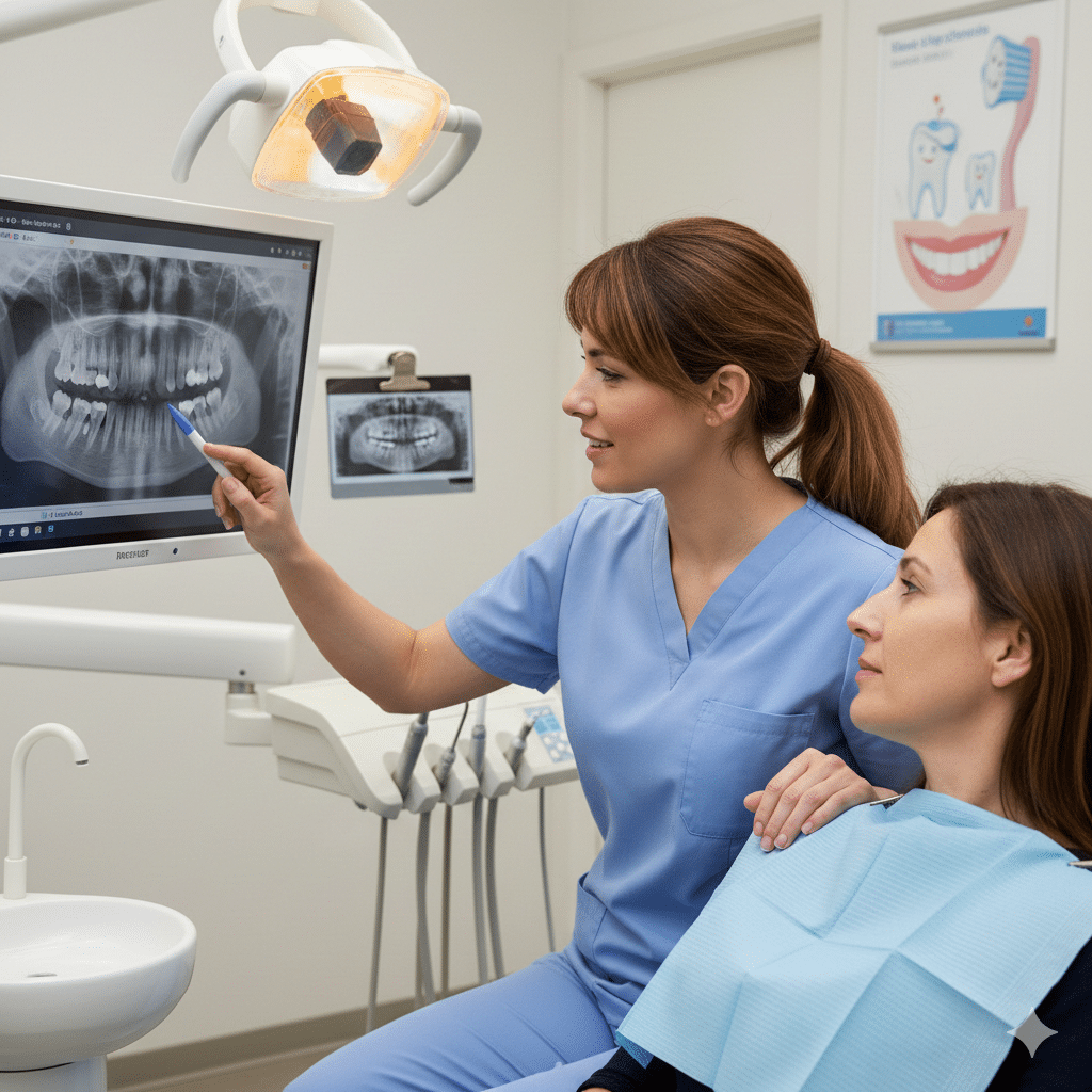 a hygienist showing the patient in the chair her scans