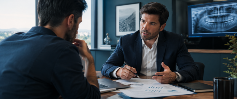 Dental practice owner reviewing financial performance with a consultant