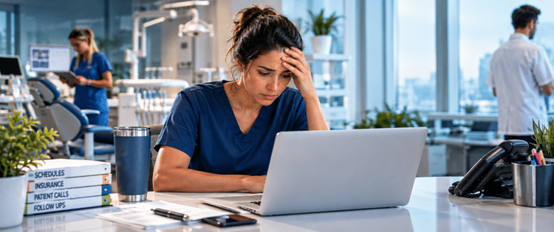 Exhausted dental professional sitting at a desk in a modern clinic, with infographic labels identifying unclear expectations, poor communication, broken systems, and lack of recognition as causes of dental team burnout.