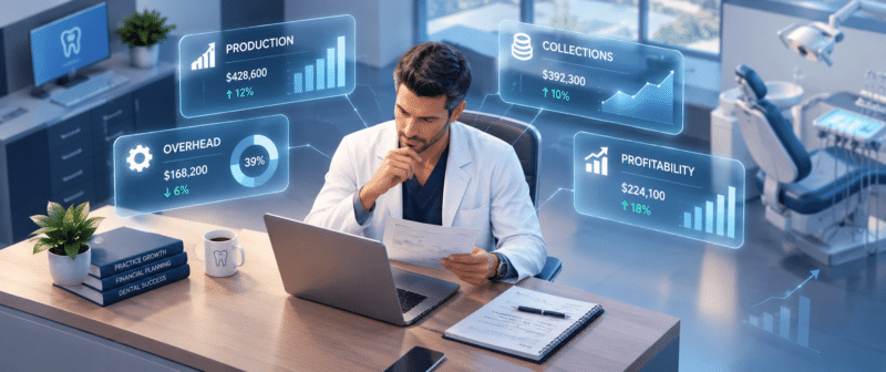 Dentist reviewing dental practice financial performance with floating dashboards for production, collections, overhead, and profitability.