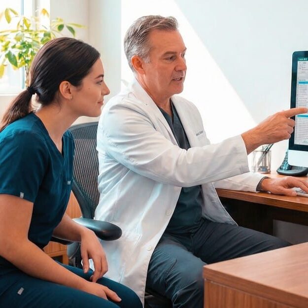 A dentist reviewing the dental assistants performance and talking about HR related issues